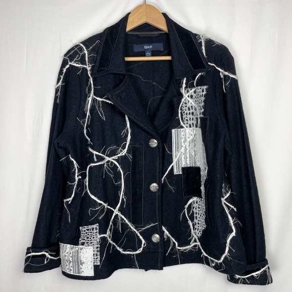 VTG Funky Wool Gap peacoat with metallic threading and embroidery patchwork Sz.L - Picture 9 of 9